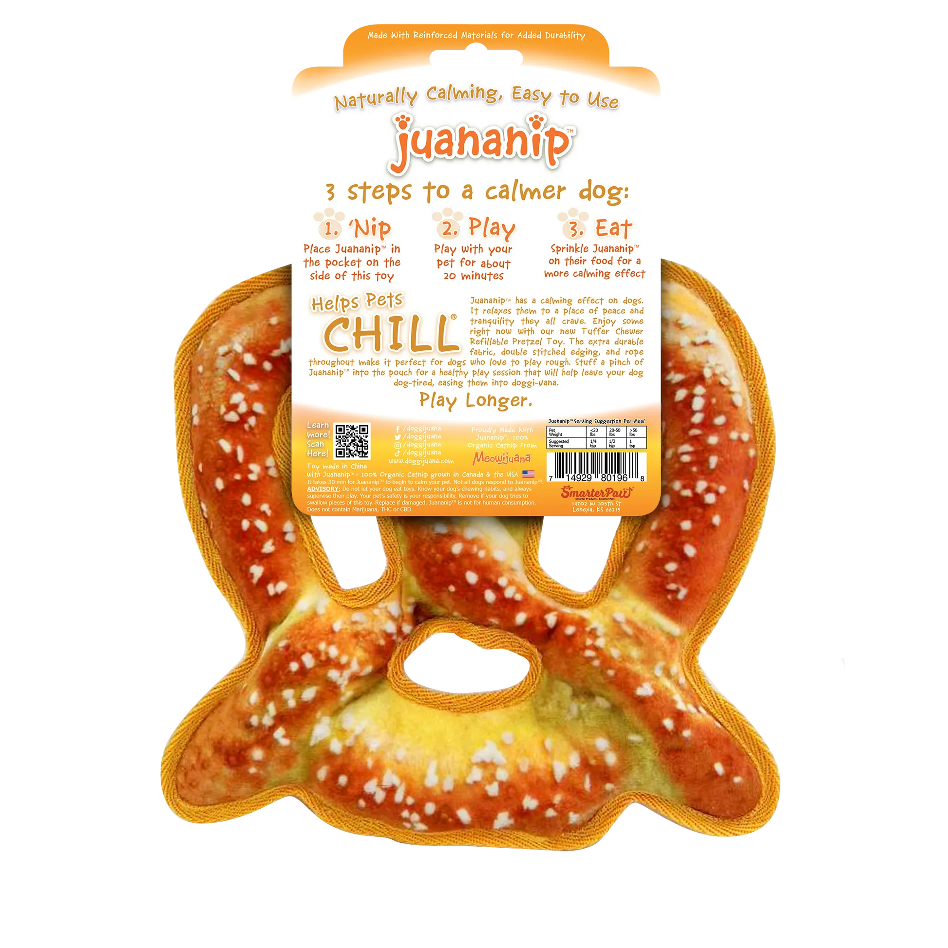 Back packaging of Doggijuana Pretzel Toy, highlighting calming Juananip benefits, durability, and interactive features for stress relief.
