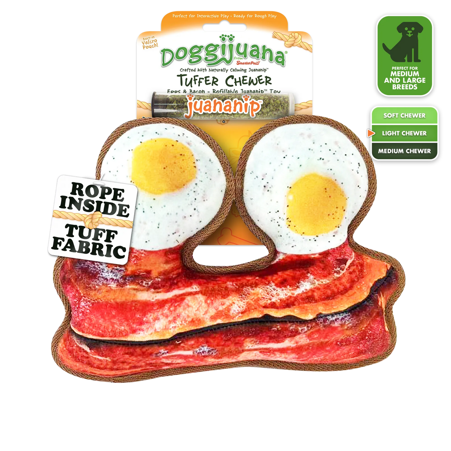 Calming dog toy with Juananip™ in bacon and egg design, perfect for interactive play and promoting relaxation for dogs of medium size.