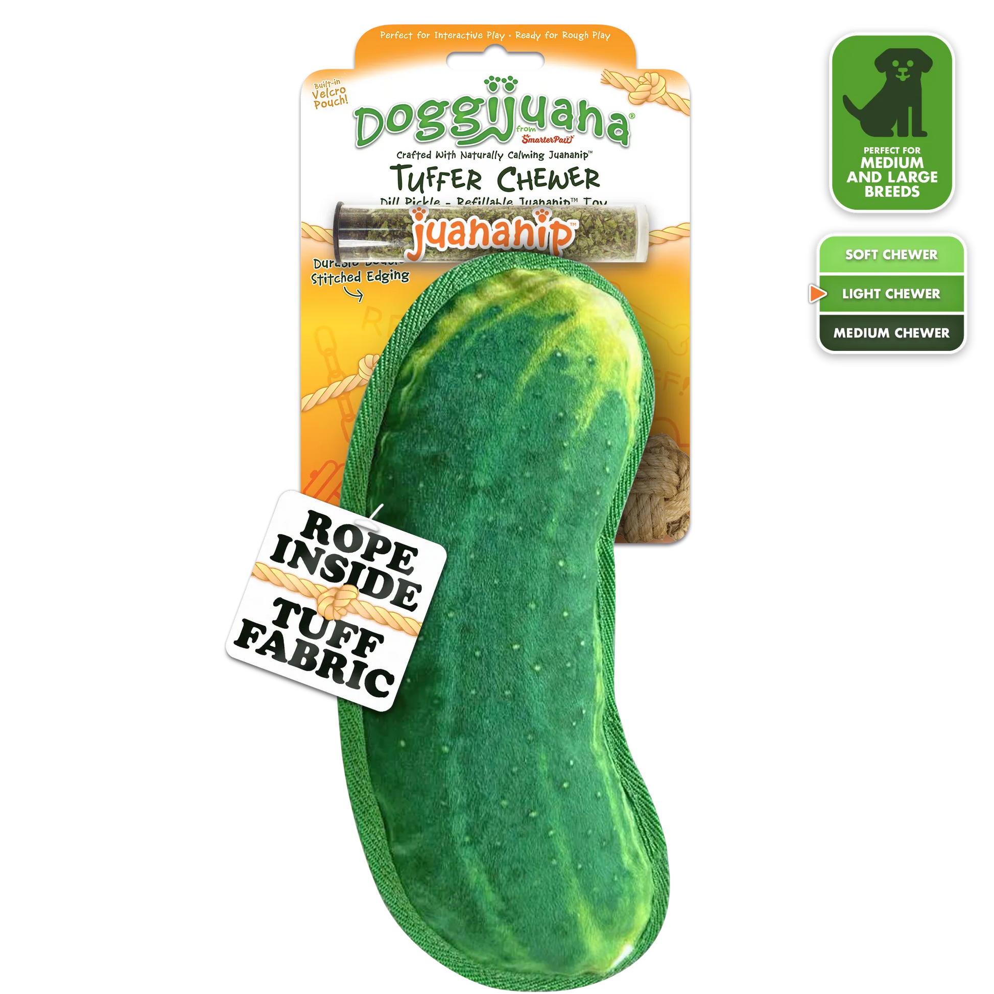 Dog toy shaped like a dill pickle with a Tuffer Chewer label and Juananip packet for refilling, designed for medium chewers.