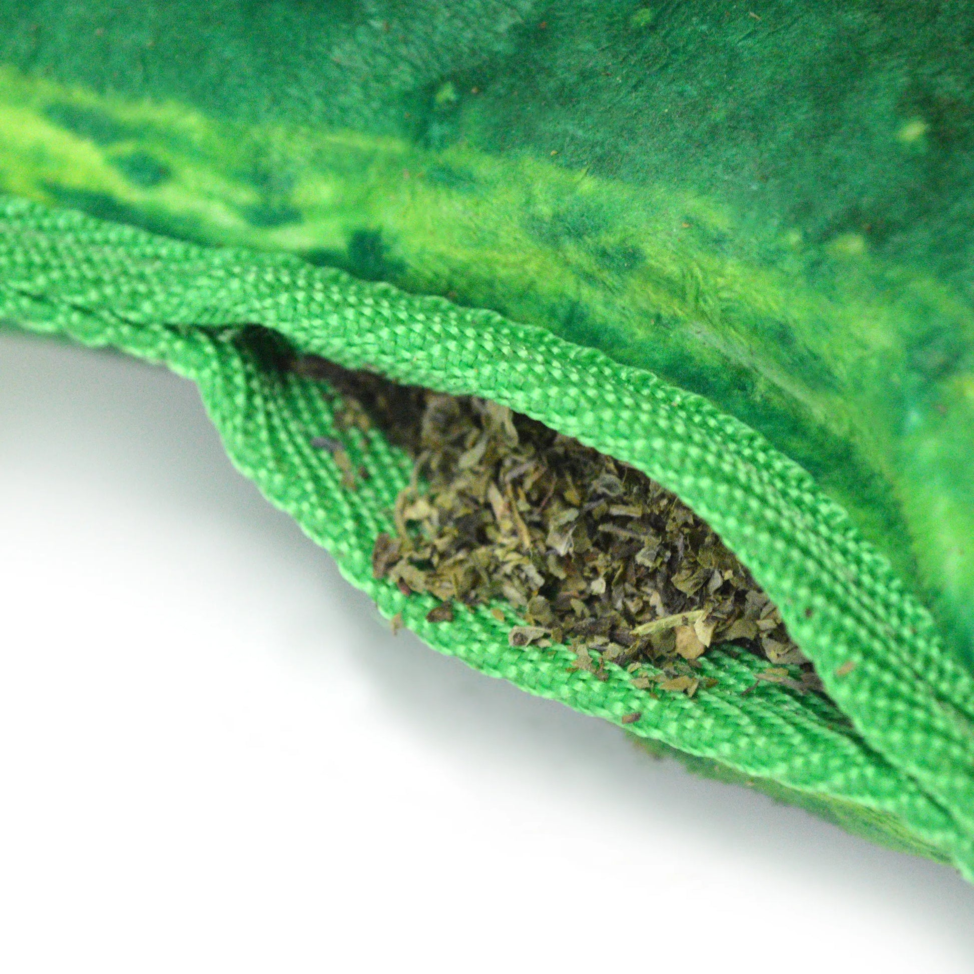 Close-up of the dill pickle dog toy showing the refillable Juananip pocket filled with dried catnip.