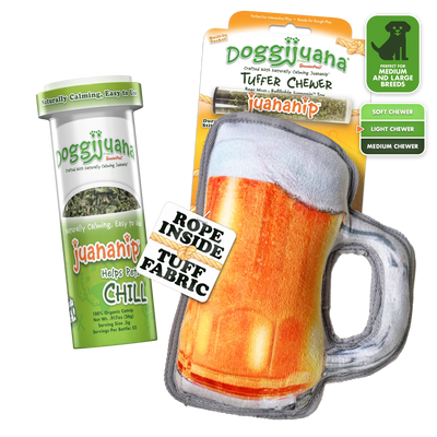 Doggy beer mug chew toy infused with Juananip for ultimate relaxation, perfect for medium chewers, promoting calmness during play.
