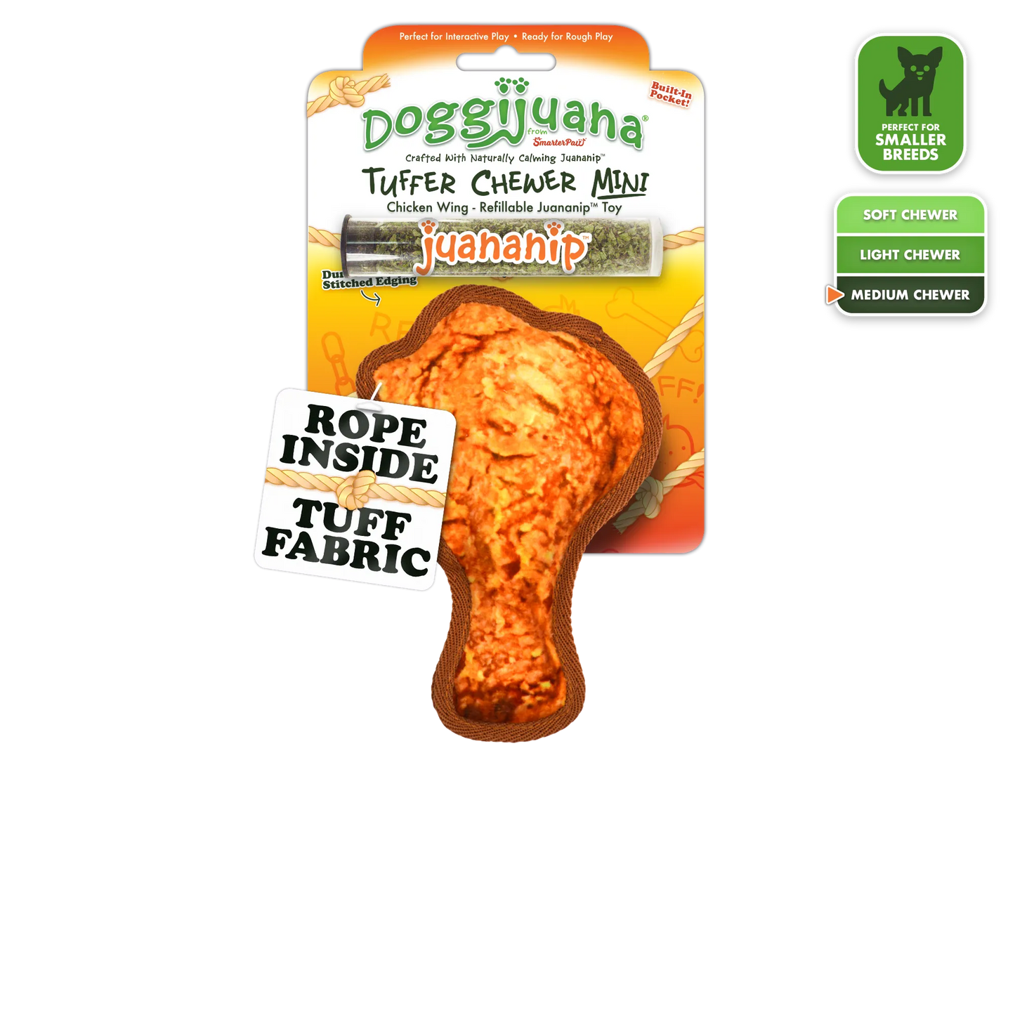 Doggijuana® Tuffer Chewer Mini chicken wing toy with refillable Juananip® pocket and durable rope inside for smaller breeds.