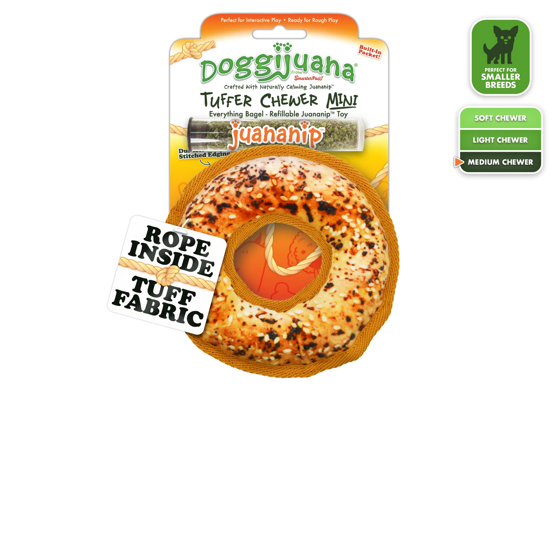  Doggijuana Tuffer Chewer Mini toy shaped like an everything bagel. Perfect for small breeds and medium chewers.
