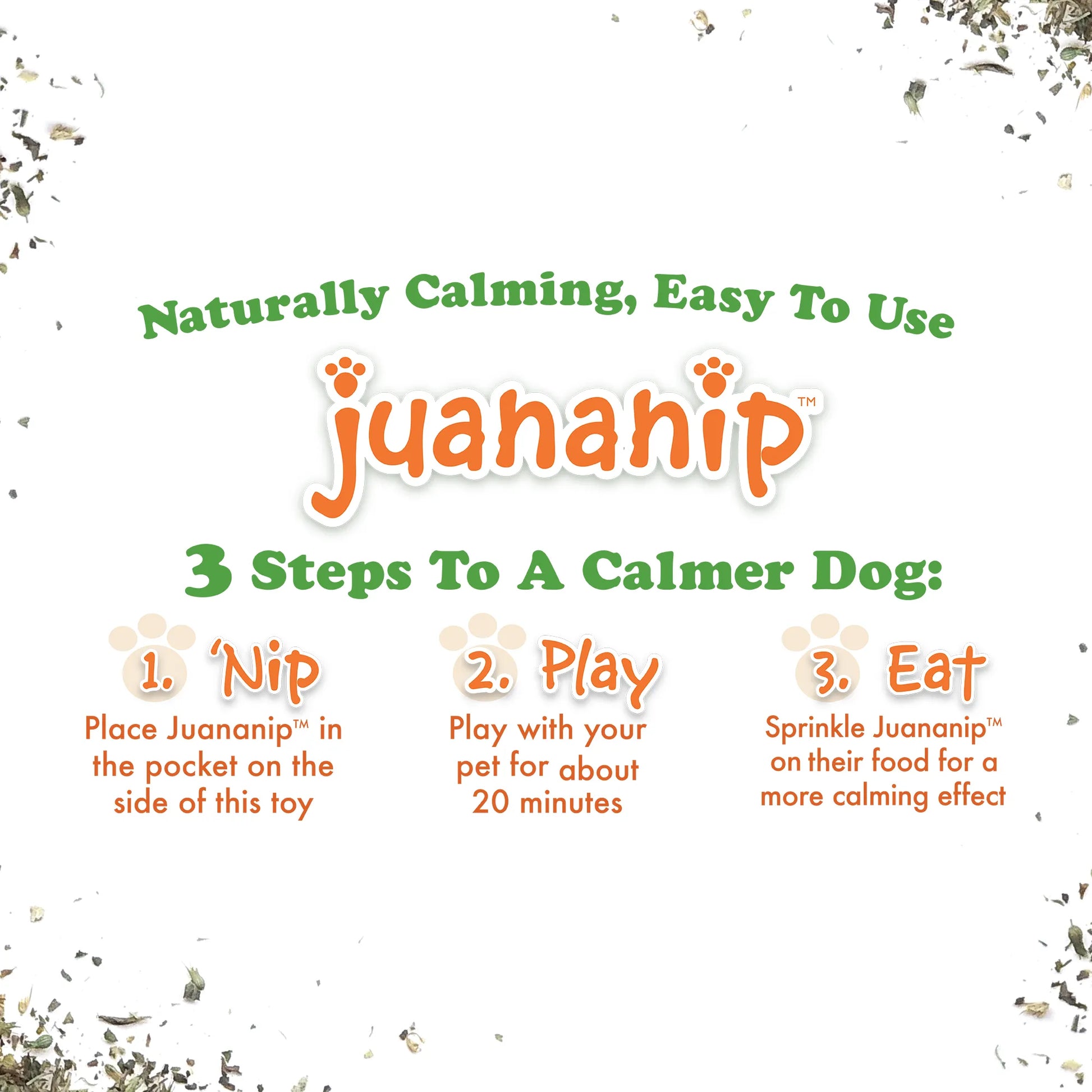 Infographic showing how to use Juananip with dog toys for calming effects: nip, play, and eat for a relaxed, longer playtime.