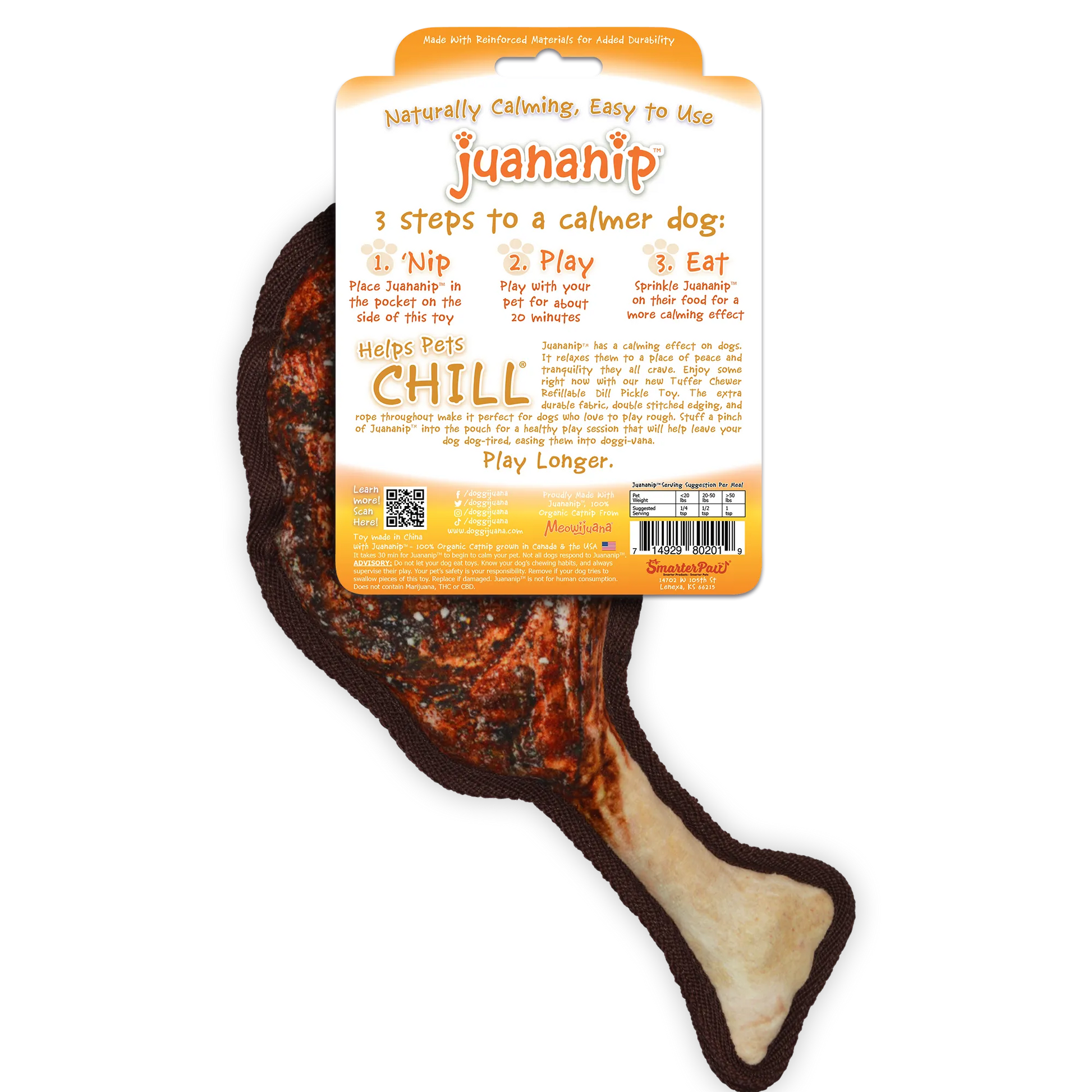 Back packaging of Doggijuana Steak Toy, showcasing calming Juananip benefits, durable construction, and three easy steps to a relaxed dog.