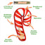 Close-up of the candy cane dog toy with features: Juananip refillable pocket, squeaker, rope core, and double-layered fabric.