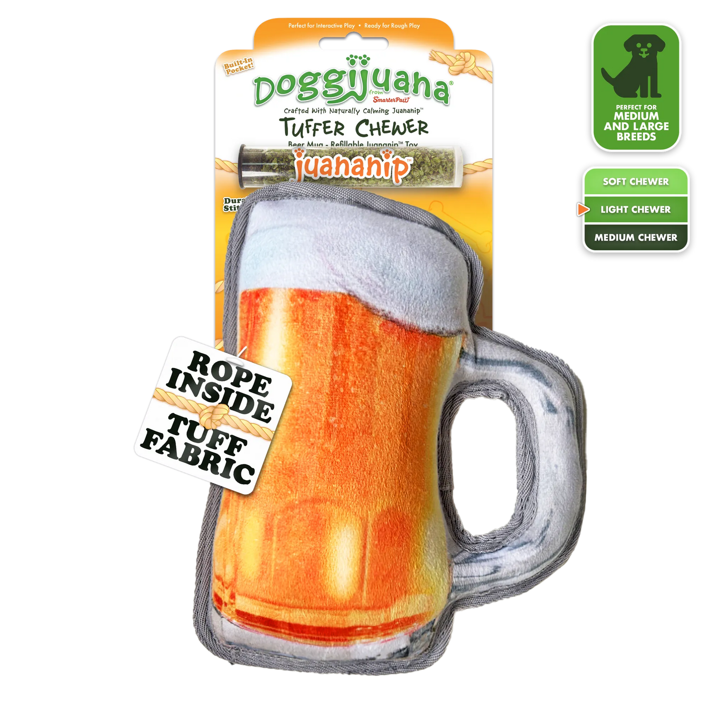 Dog toy shaped like a beer mug with a Tuffer Chewer label and Juananip packet for refilling.