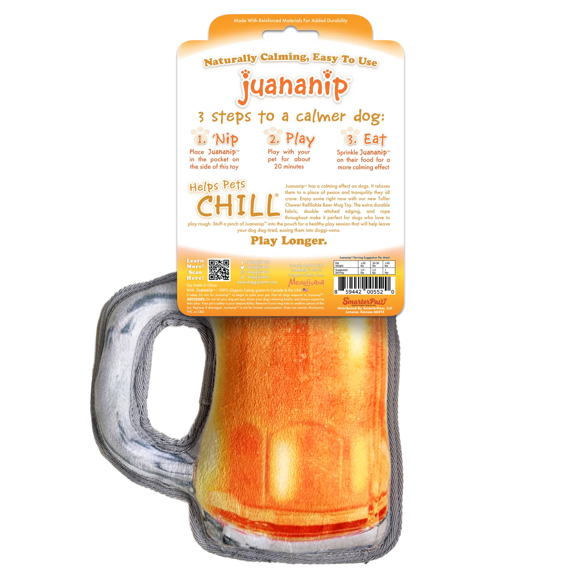 Back of a beer mug-shaped dog toy packaging, featuring instructions for using Juananip to calm dogs, with details about its durable design and features.